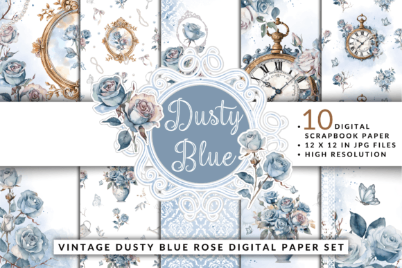 Vintage Dusty Blue Rose Digital Paper Graphic Patterns By daisyartwatercolors