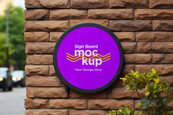 Rounded Sign Board Mockup on Building Graphic Product Mockups By Microstock
