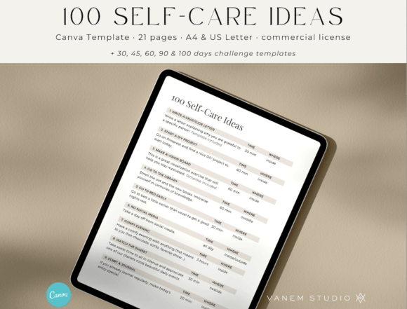 100 Self Care Ideas & Challenge Template Gráfico Plantillas de Impresión Por Pretty Decadent
