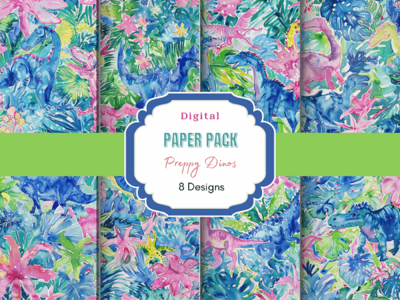 Preppy Watercolor Dinosaurs Digital Graphic Patterns By Mystic Mountain Press