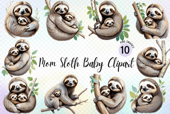 Mom Sloth Baby Sublimation Clipart Gráfico Ilustraciones Imprimibles Por Marshall Designs