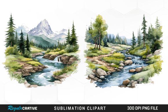 Watercolor Mountain Creek Landscape PNG Graphic Illustrations By Regulrcrative