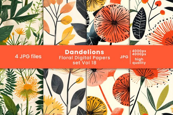 Dandelions Floral Digital Papers Vol 18 Graphic Patterns By Creatophics