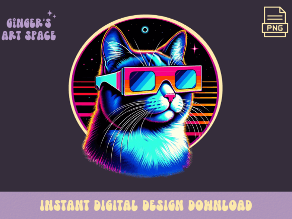 Retro Vaporwave Eclipse with a Cat Graphic Illustrations By Ginger's Artspace