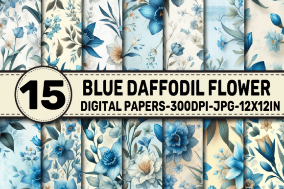 Blue Daffodil Flower Digital Papers Graphic AI Patterns By ElksArtStudio