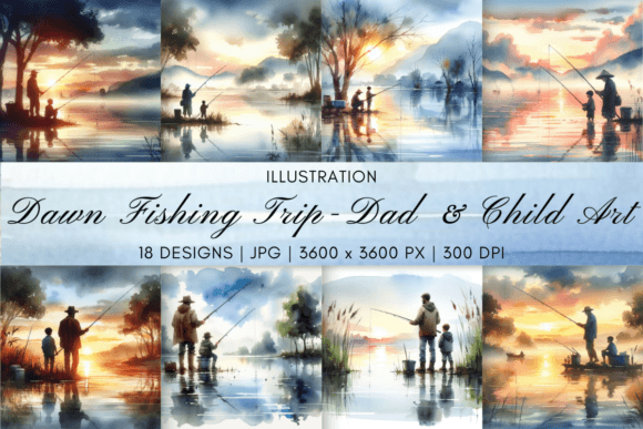 Dawn Fishing Trip - Dad & Child Art Gráfico Ilustraciones Imprimibles Por Artistic Wisdom
