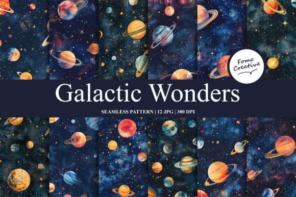 Galactic Wonders Seamless Pattern Illustration Modèles de Papier Par Fomo Creative