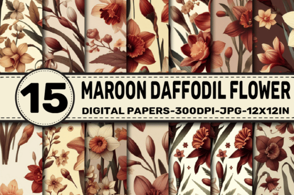 Maroon Daffodil Flower Digital Papers Graphic AI Patterns By ElksArtStudio