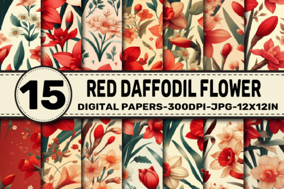 Red Daffodil Flower Digital Papers Graphic AI Patterns By ElksArtStudio