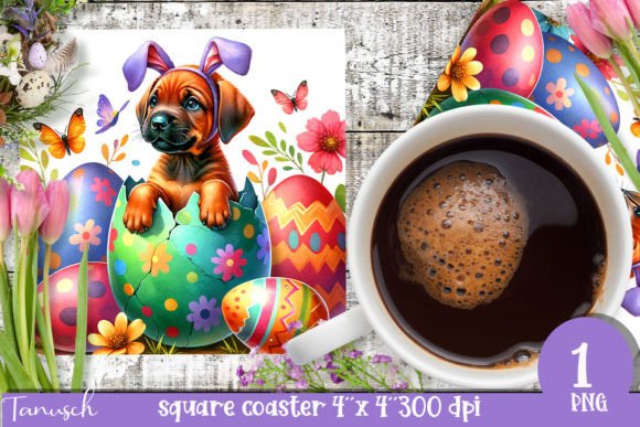 Cute Easter & Flowers Square Coaster PNG Gráfico Plantillas de Impresión Por TanuschArts