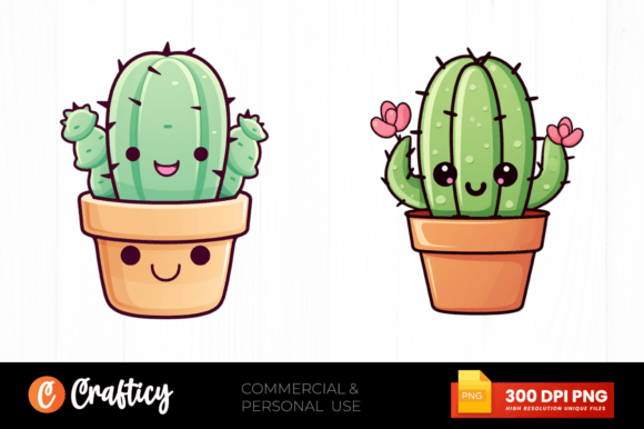 Kawaii Cactus Clipart Design Grafika Ilustracje do Druku Przez Crafticy