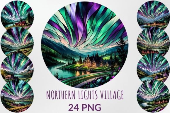 Stained Glass Northern Lights Village Gráfico Ilustraciones Imprimibles Por DigitalCreativeDen