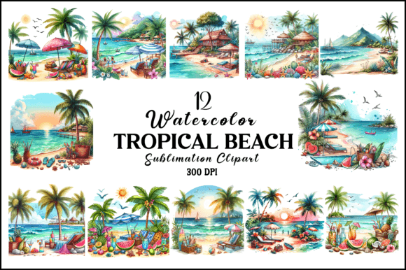 Watercolor Tropical Beach Sublimation Graphic AI Illustrations By Naznin sultana jui