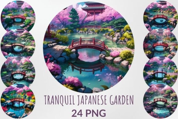 Circle Tranquil Japanese Garden Bundle Illustration Illustrations Imprimables Par DigitalCreativeDen