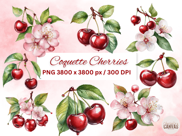 Coquette Cherries and Cherry Blossoms Grafica PNG trasparenti AI Di Charnelle's Canvas