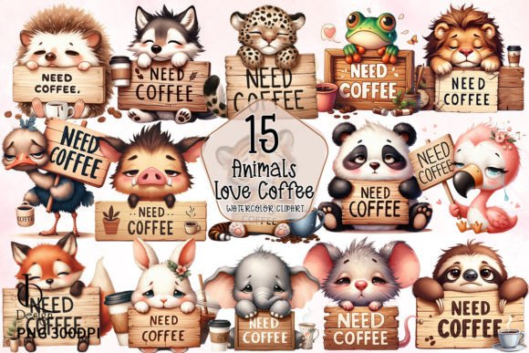 Cute Tired Animals Love Coffee Clipart Graphic Crafts By LQ Design