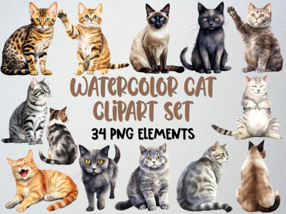 Watercolor Cat Clipart Set, Kitten PNG Afbeelding Afdrukbare Illustraties Door beyouenked