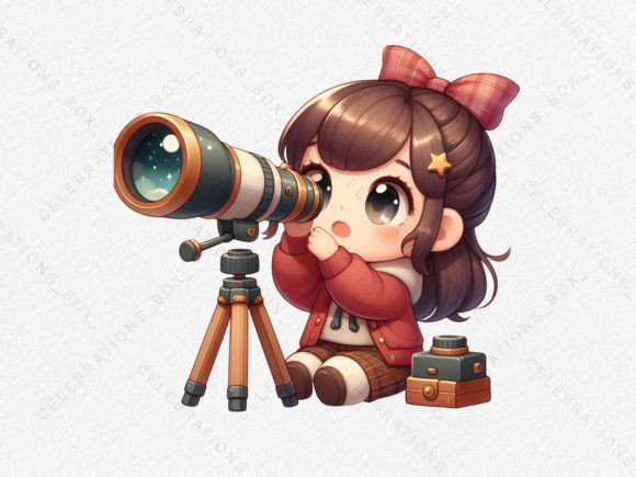 Cute Girl with Telescope PNG Clipart Afbeelding AI Illustraties Door CelebrationsBoxs