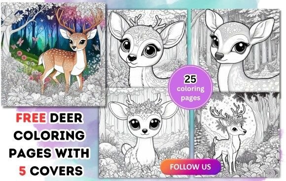 FREE Deer Coloring Pages with 5 Covers Gráfico Interiores KDP Por Coffee mix