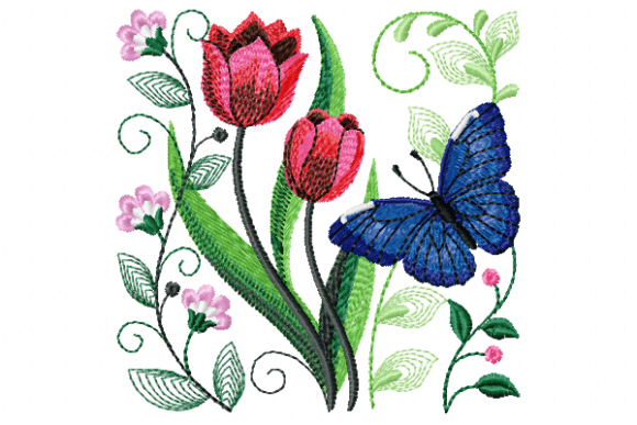 Butterfly Flowers Einzelne Blumen und Pflanzen Stickereidesign Von Reading Pillows Designs