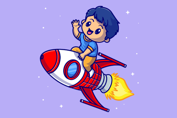 Cute Boy Riding Rocket in Space Cartoon Graphic Illustrations By catalyststuff