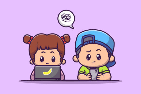 Cute Girl and Cute Boy Playing Gadget Grafik Druckbare Illustrationen Von catalyststuff