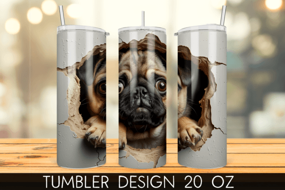 Dog 3D Pug Hole in a Wall Tumbler Wrap Graphic Print Templates By mragjaza