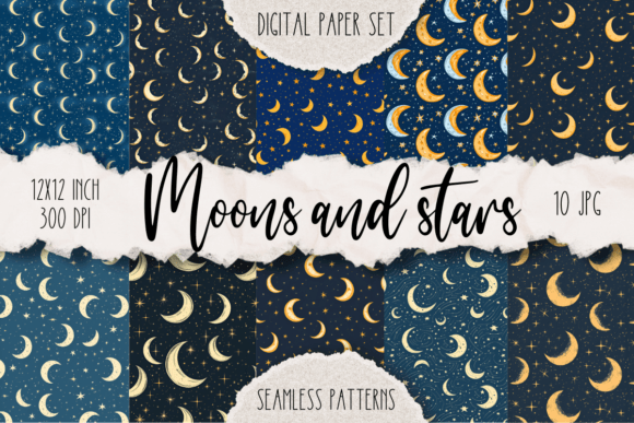 Moons and Stars Seamless Digital Papers Grafik KI Muster Von Cheerful Apple Studio