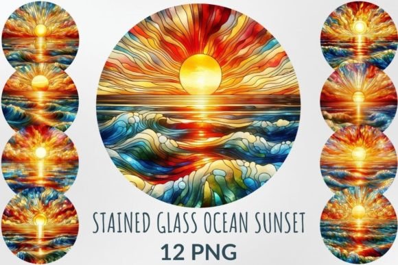 Stained Glass Sunset over the Ocean Graphic Illustrations By DigitalCreativeDen