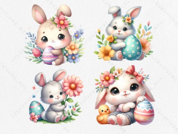 Cute Easter Bunny with Egg and Flower Grafika Ilustracje AI Przez CelebrationsBoxs