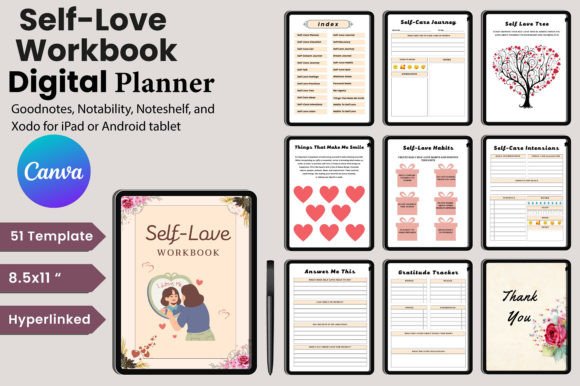 Digital Self-Love Workbook Canva Graphic KDP Interiors By designmela01