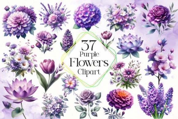 Purple Flowers Watercolor Clipart Graphic Illustrations By LiustoreCraft