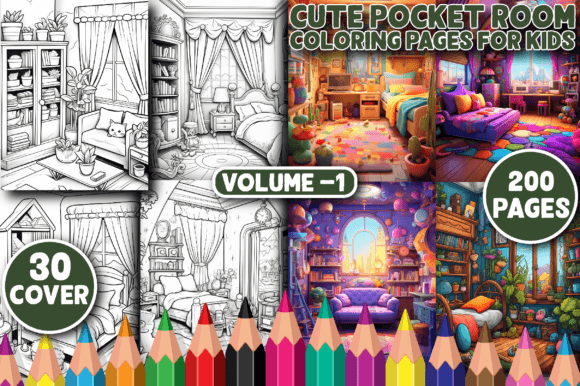 200 Cute Pocket Room Coloring Page V - 1 Graphic Coloring Pages & Books Kids By Ministed Night