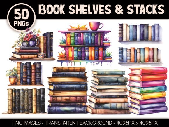 50 Book Shelves & Stacks Clip Art Bundle Graphic Illustrations By VintageRetroCafe