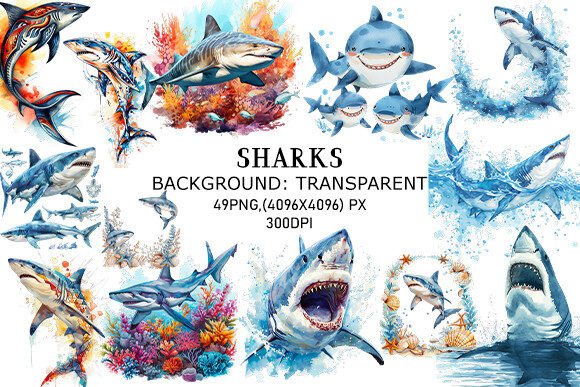 Watercolor Sharks Clipart Bundle Gráfico Ilustrações para Impressão Por Dream Squad