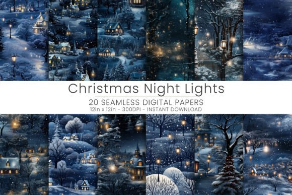 Christmas Night Lights Ddigital Paper Gráfico Patrones IA Por Mehtap