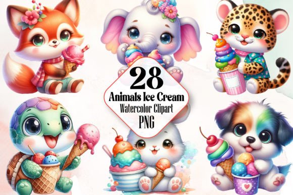 Cute Baby Animals Ice Cream Clipart Png Graphic Illustrations By RobertsArt