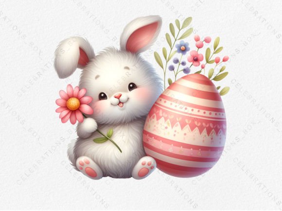 Cute Easter Bunny with Eggs Flowers PNG Illustration Illustrations AI Par CelebrationsBoxs