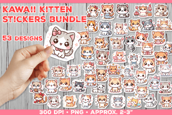Cute Kawaii Kitten Sticker Bundle Grafica Modelli di Stampa Di julimur2020