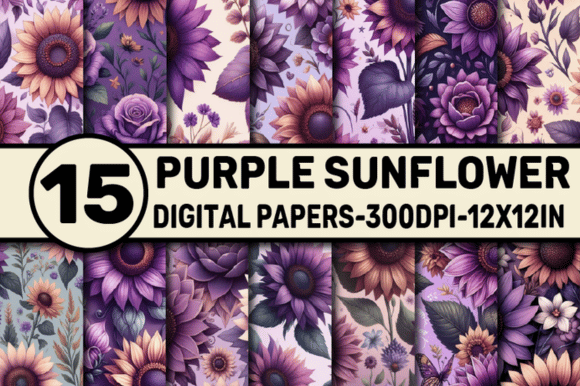 Purple Sunflower Digital Papers Graphic AI Patterns By ElksArtStudio