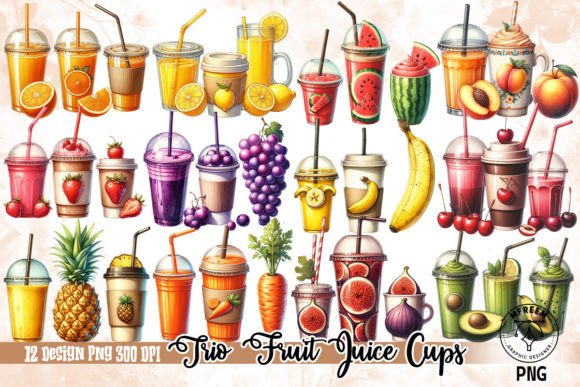 Set of Trio Fruit Juice Cups Clipart PNG Illustration Artisanat Par mfreem
