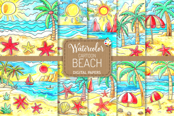 Cartoon Beach - Watercolor Doodle Scenes Graphic Illustrations By Prawny
