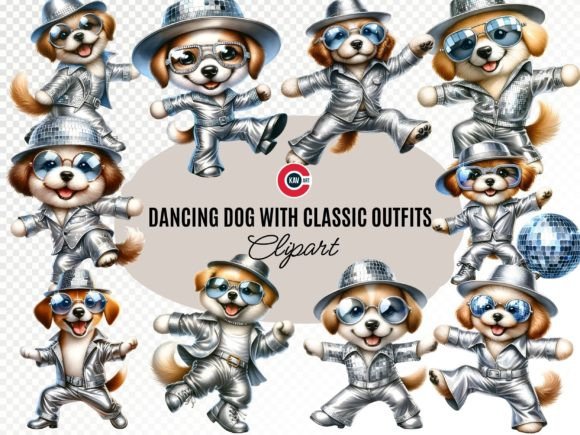 Dancing Dog with Classic Disco Outfits Grafik Druckbare Illustrationen Von c.kav.art