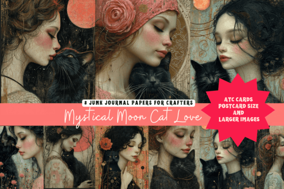 Mystical Girl Black Cat Junk Journal Grafika Ilustracje do Druku Przez CottageFairy