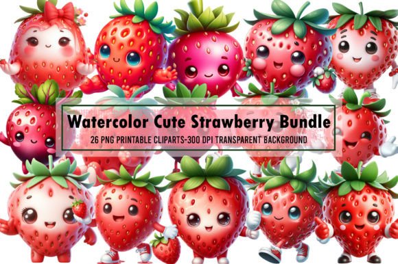 Watercolor Cute Strawberry Bundle Graphic Illustrations By Sublimation Artist