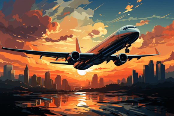 A Bright Red Sunset and a Big Jet on the Graphic Illustrations By saydurf