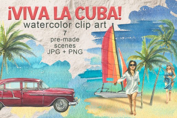 Cuba Beach Holiday Watercolor Clip-art Gráfico Ilustrações para Impressão Por Natasha Chu