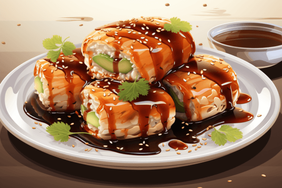 Japanese Sushi Rolls with Salmon, Shrimp Graphic Illustrations By saydurf