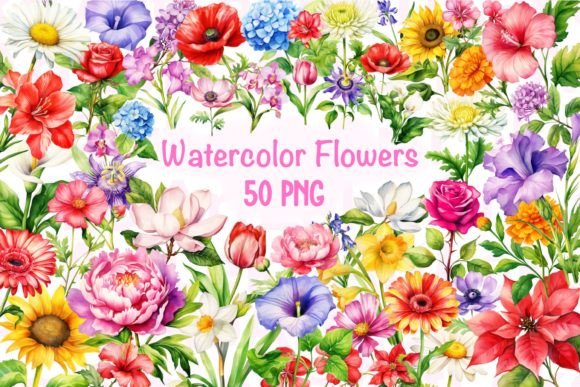 Spring Flowers Watercolor Clipart Graphic Illustrations By LekoArt
