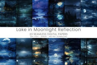 23 Lake in Moonlight Reflection Illustration Modèles de Papier Par Mehtap 1